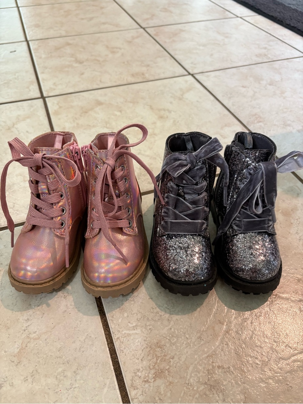Kids Glitter Lace-Up Boots - Pink and Black